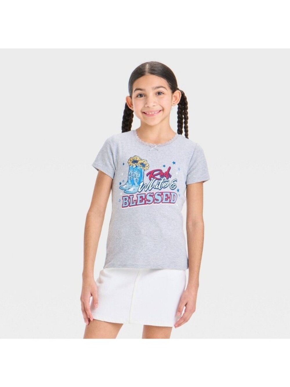 NWT Girls' Large "Red, White & Blessed" Western Pointelle Short Sleeve T-Shirt